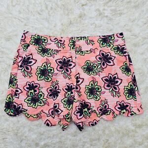 Scallop Hem Shorts Floral Print Stretch Crown & Size 10 Peach Pink Navy Stripes